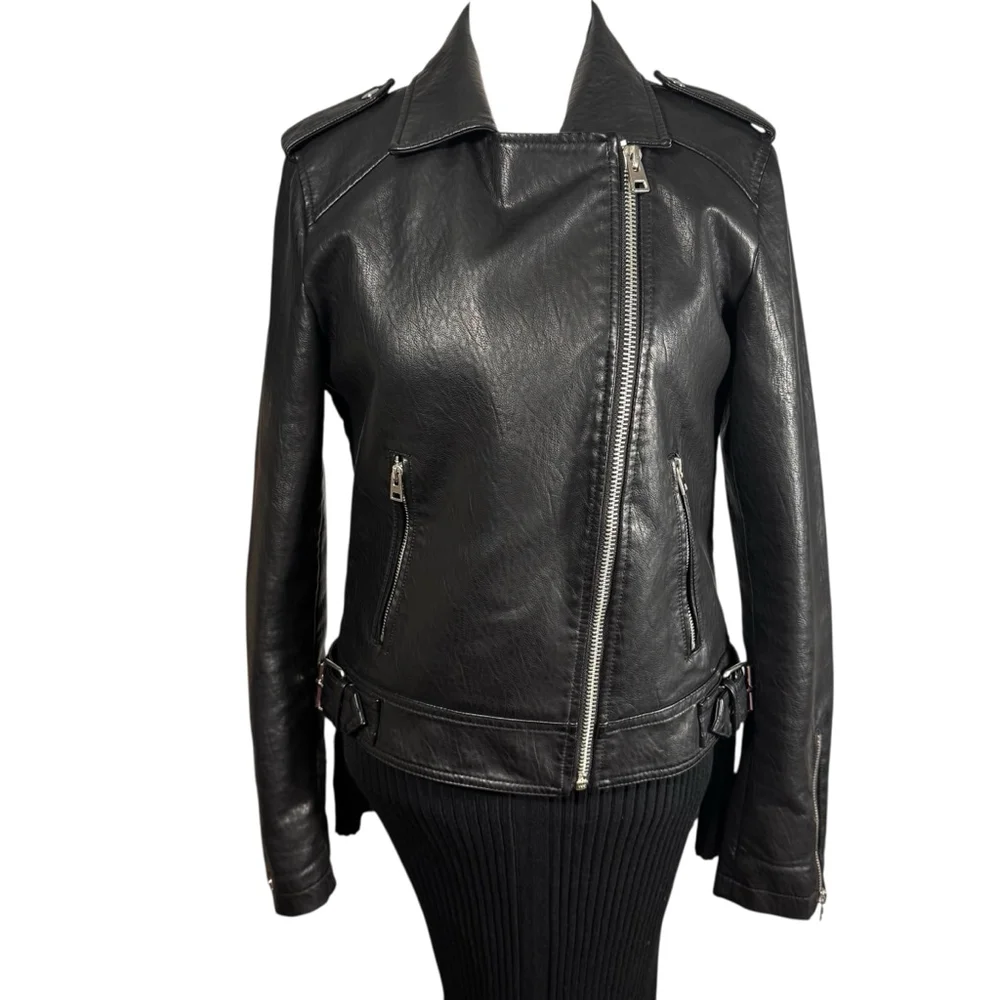 Size 6 Topshop Black Faux Leather classic Moto Jacket pockets Zippers Unisex - Picture 4 of 12